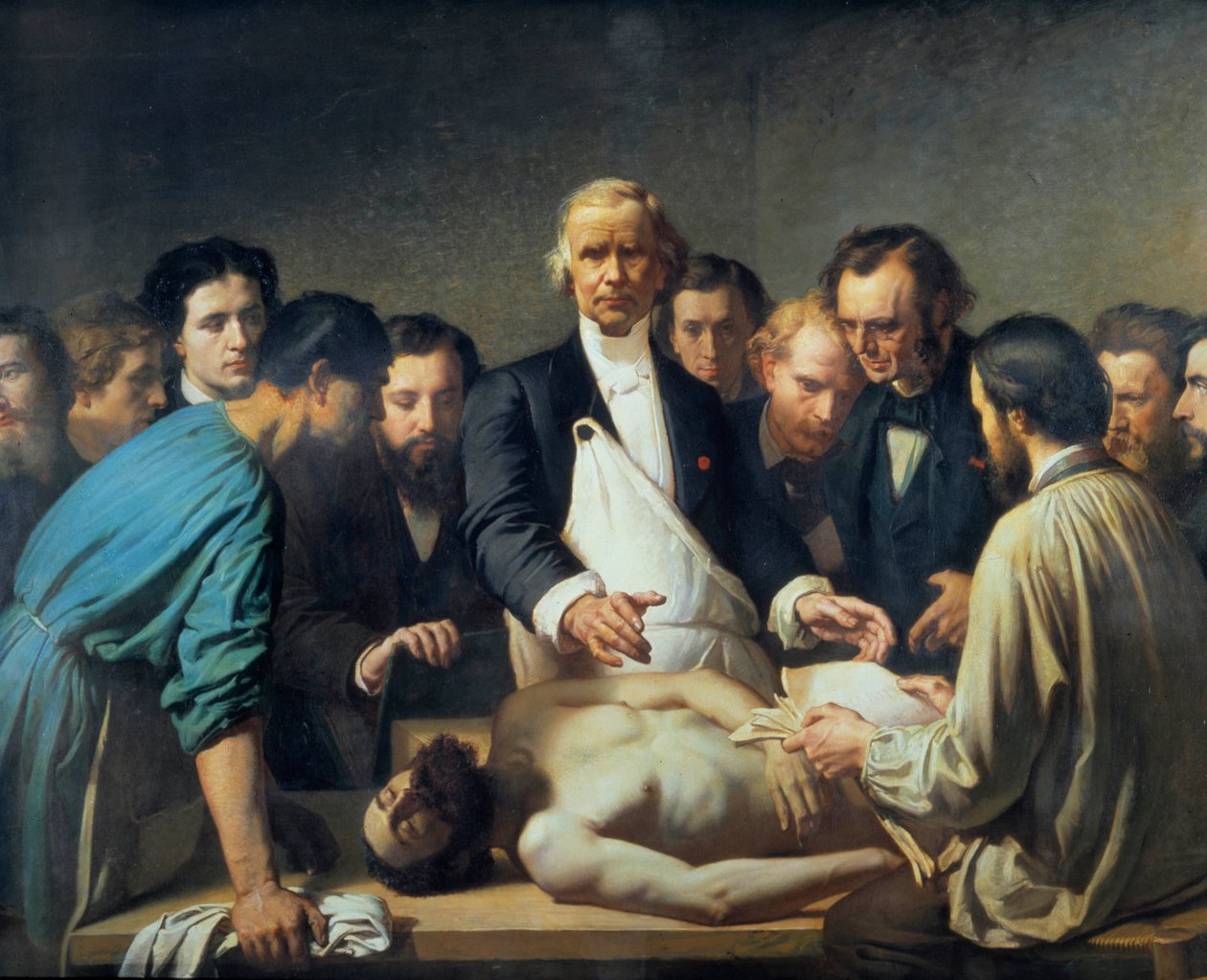 Doktor Alfred Velleau (1795-1867) z Charity přistoupí k pitvě Lékař obklopený svými studenty, kteří jsou připraveni zasáhnout u mrtvoly. Obraz Francoise Feyena Perrina (1826-1888). 19. století. Prohlídky musee des Beaux Arts - Alfred Velpeau od Auguste (after) Feyen Perrin