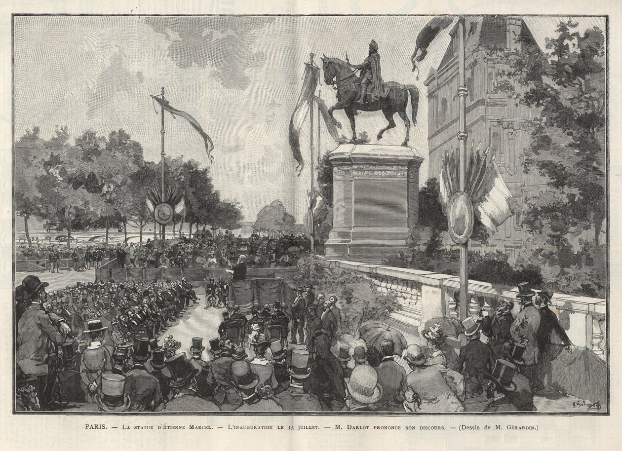 Paříž - - Projev pana Darlota během inaugurace 15. července 1888 v Hotel de Ville de Paris sochy Etienna Marcela - Gerardinova kresba v „The Illustrous World“ z roku 1888 od Auguste (after) Gerardin
