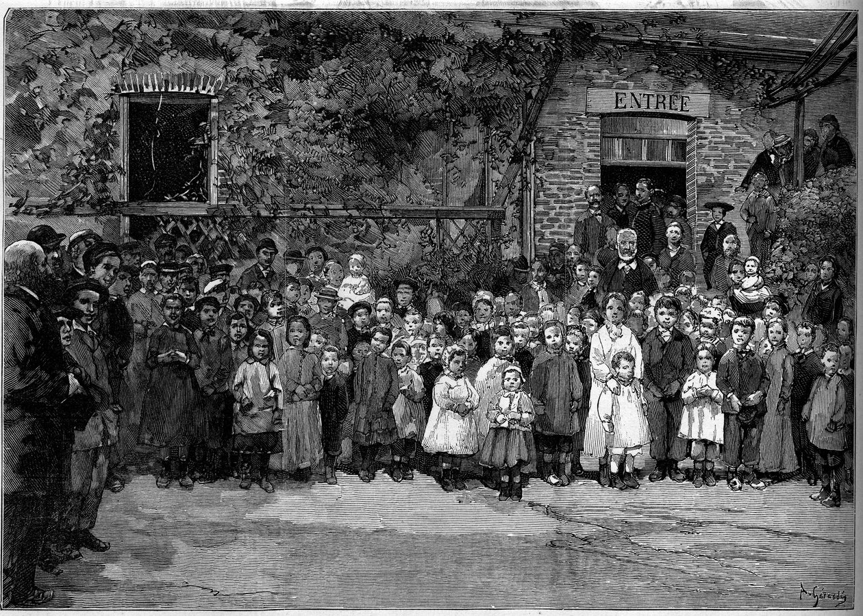 Victor Hugo (1802-1885) s chudými dětmi z Veules en Caux (Veules-en-Caux), kterým dne 24. září 1882 nabídl banket. Rytina Gerardina v „“ Le Monde Illustré““ č. 1333 ze 14 října 1882. od Auguste (after) Gerardin