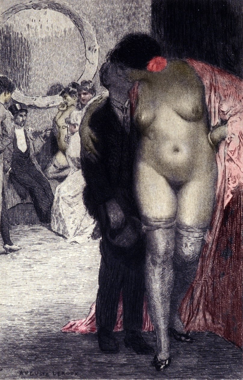 Interiér francouzského nevěstince (bordelu). Zákazník s prostitutkou. Ilustrace Auguste Leroux (1871-1954) od Auguste (after) Leroux