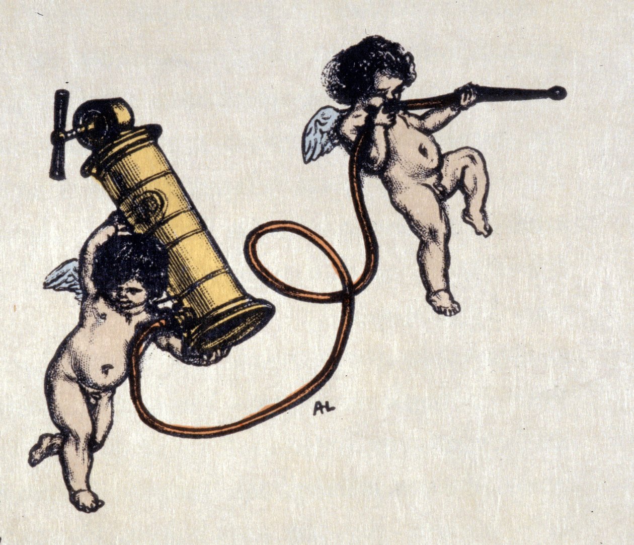 Radost z clystere. Dva andělé s pumpičkou na klystýr. Ilustrace Auguste Leroux (1871-1954) od Auguste (after) Leroux