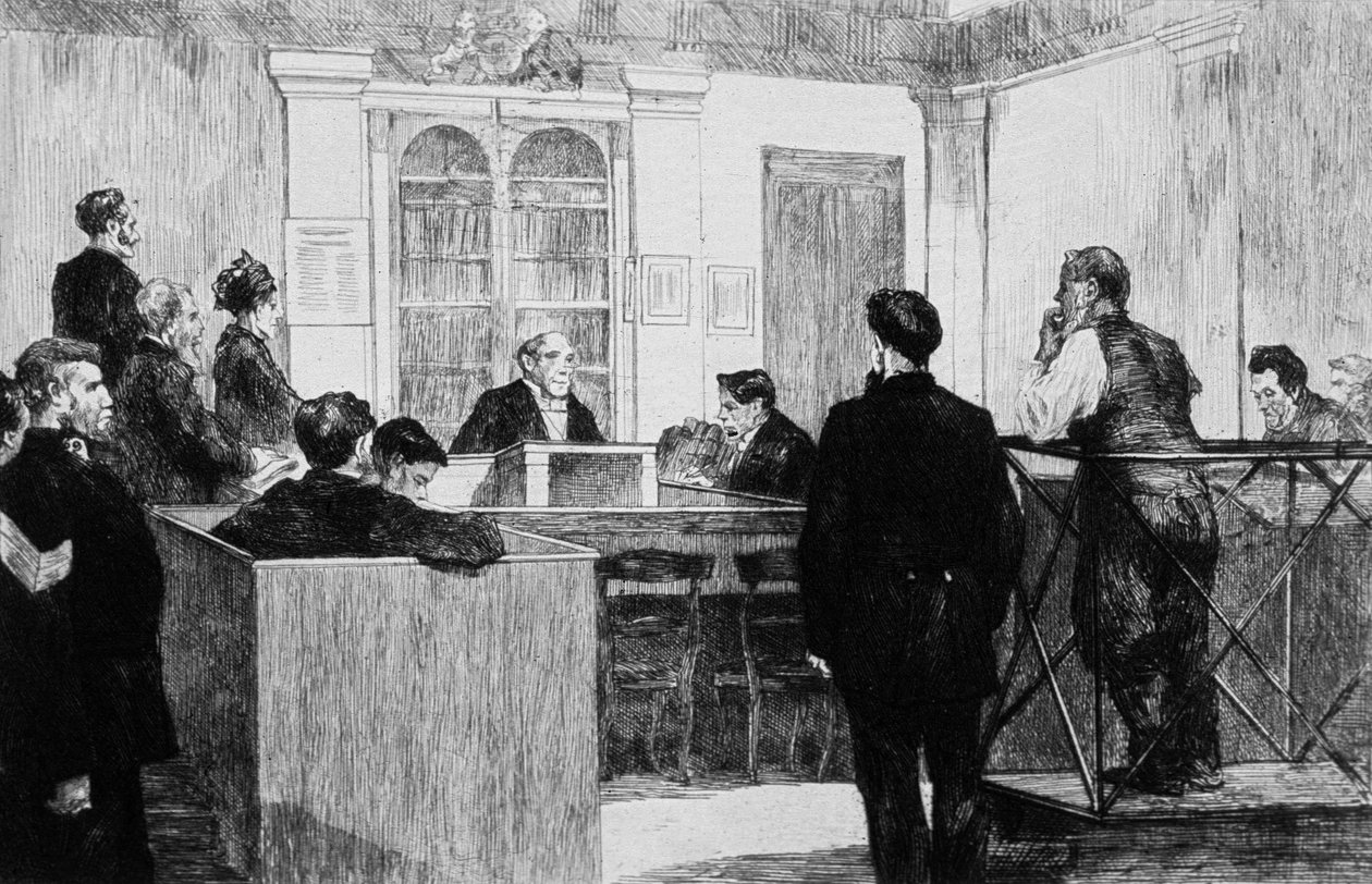 Policejní soudní síň na Bow Street v Londýně v roce 1884 (rytina) od Auguste Andre Lancon