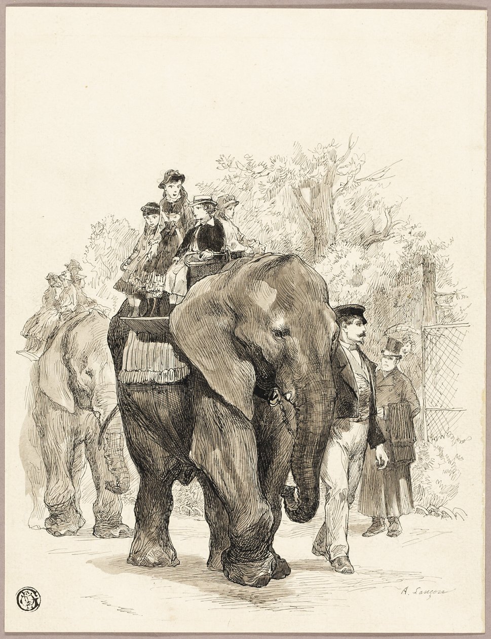 Slon s jezdci v Jardin des Plantes, Paříž od Auguste Andre Lancon