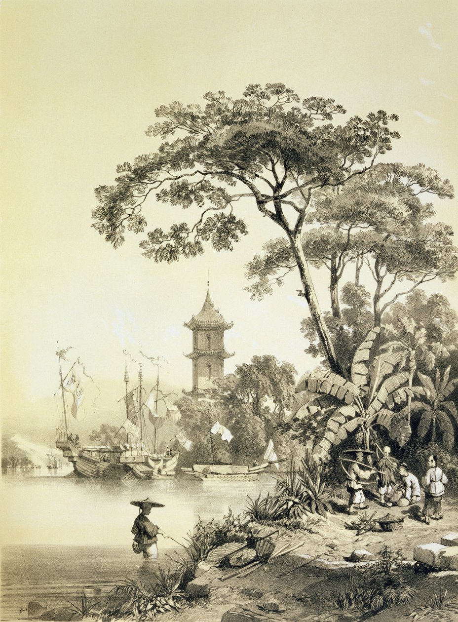 Pagoda na Macao-kantonském kanálu, deska 21 z „Sketches of China“, vyryla Eugene Ciceri (1813-90) 1842 (tónované litho) od Auguste Borget