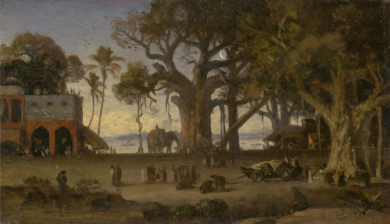 Měsíčná scéna indických postav a slonů mezi Banyan Trees, Horní Indie (pravděpodobně Lucknow) od Auguste Borget