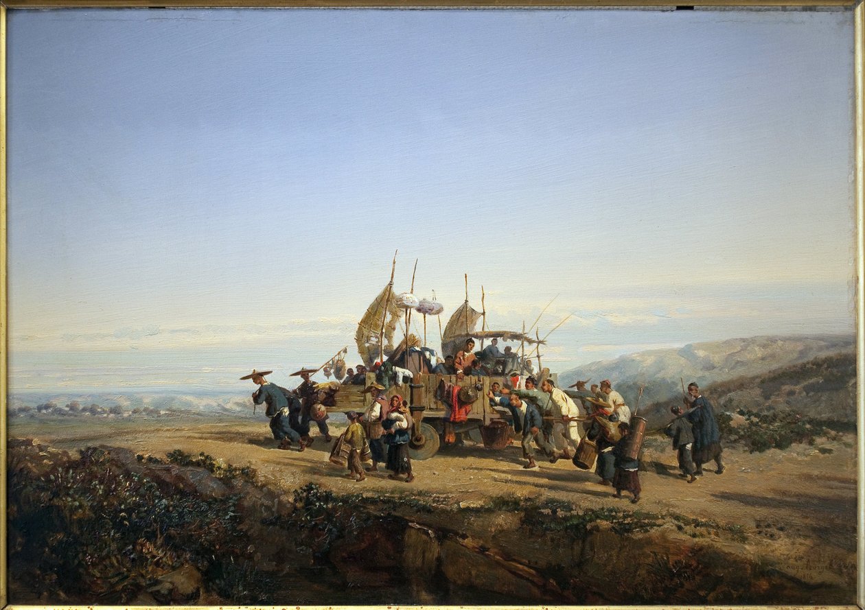Cestovatelé používají chariot s plachtami a střílí muži. Obraz Auguste Borget od Auguste Borget