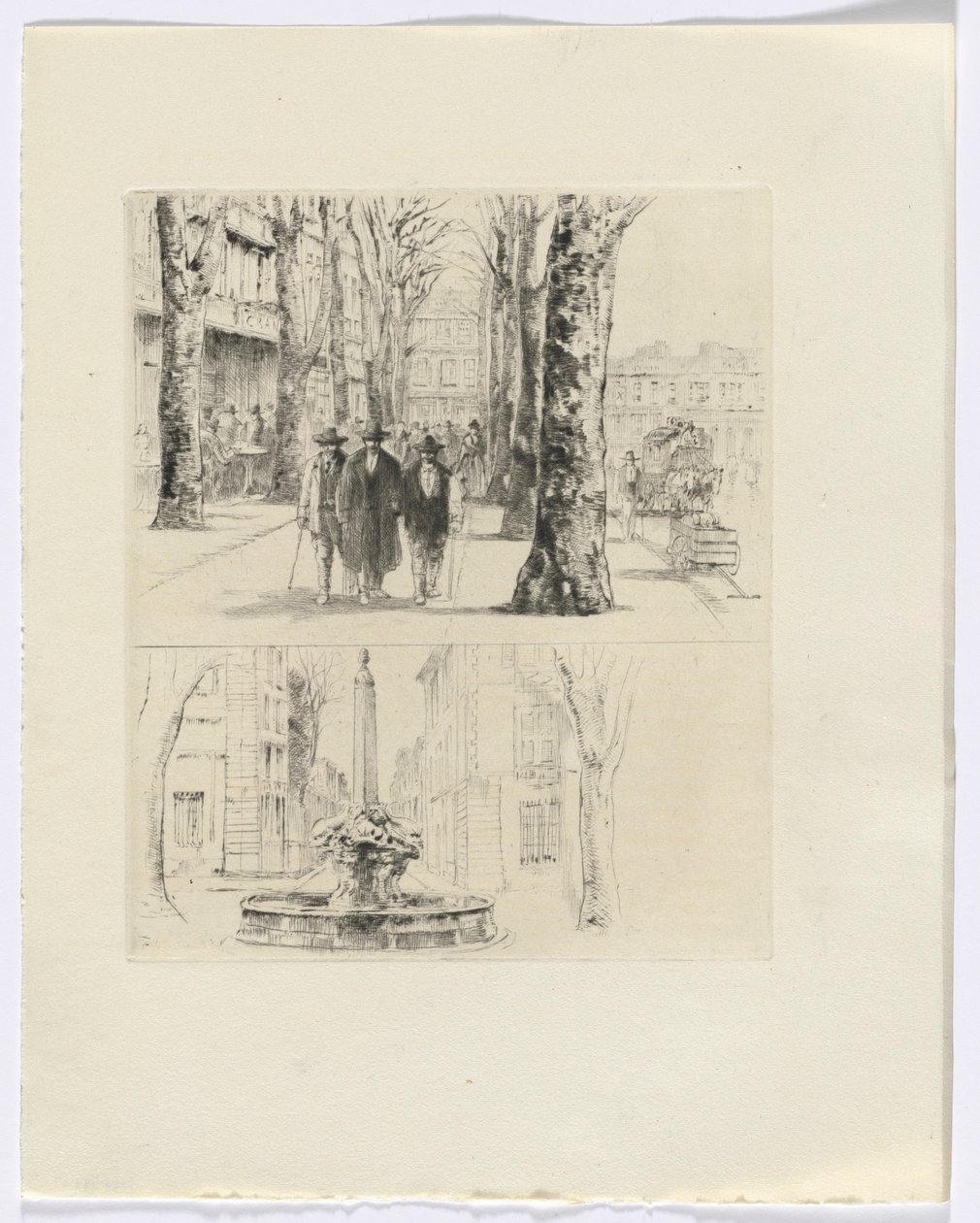 Frédéric Mistral: Mémoires et Recits by Frédéric Mistral: výjev z městské ulice/kašna (vložit za str. 120) od Auguste Brouet