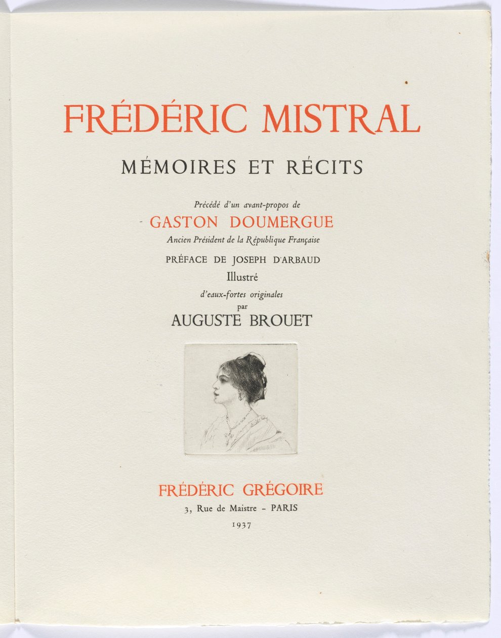 Frédéric Mistral: Mémoires et Recits, Frédéric Mistral: titulní list, busta ženy z profilu od Auguste Brouet