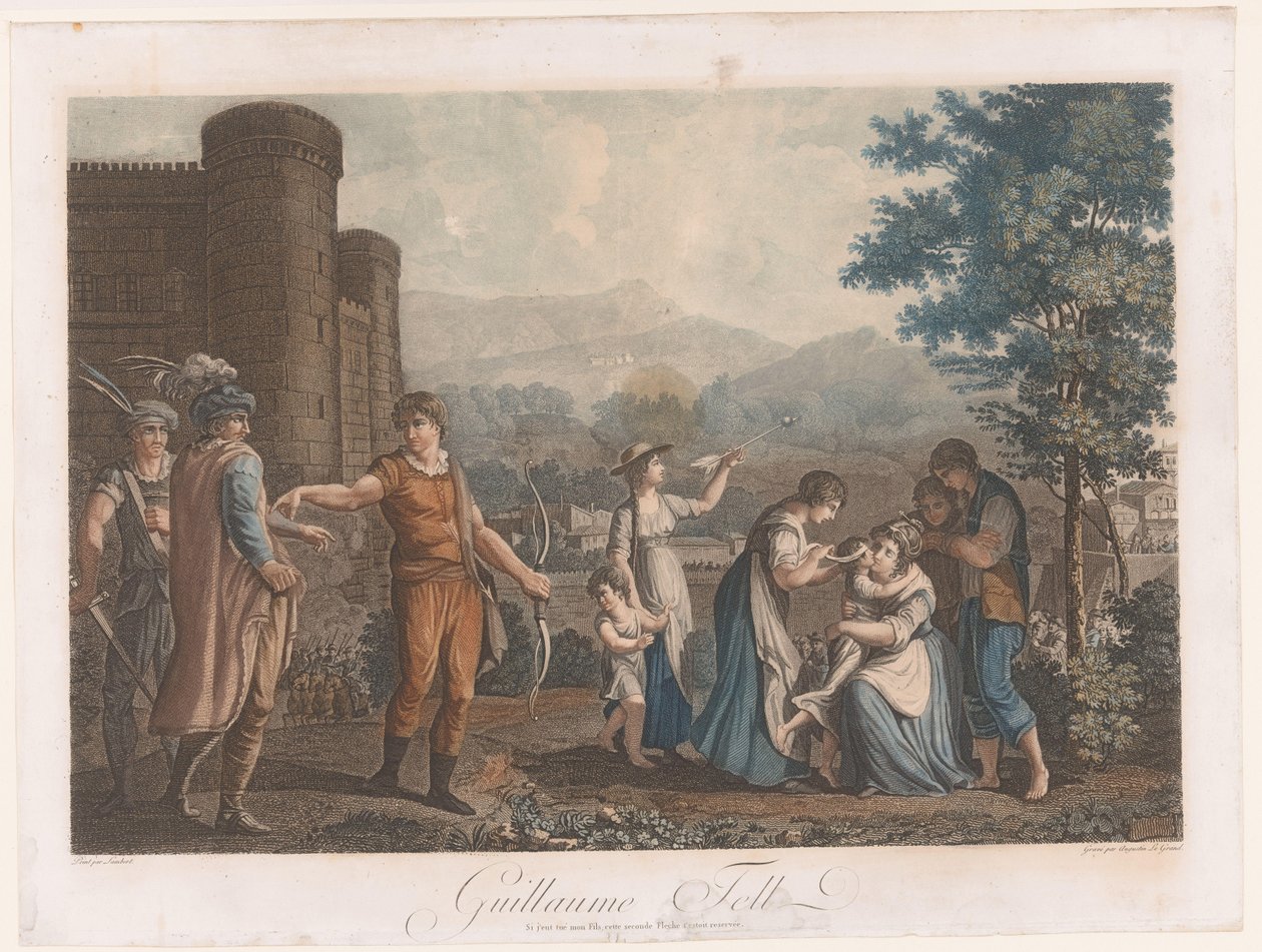 Willem Tell poté, co zastřelil jablko Guillaume Tell (název na objektu) od Auguste Claude Simon Legrand