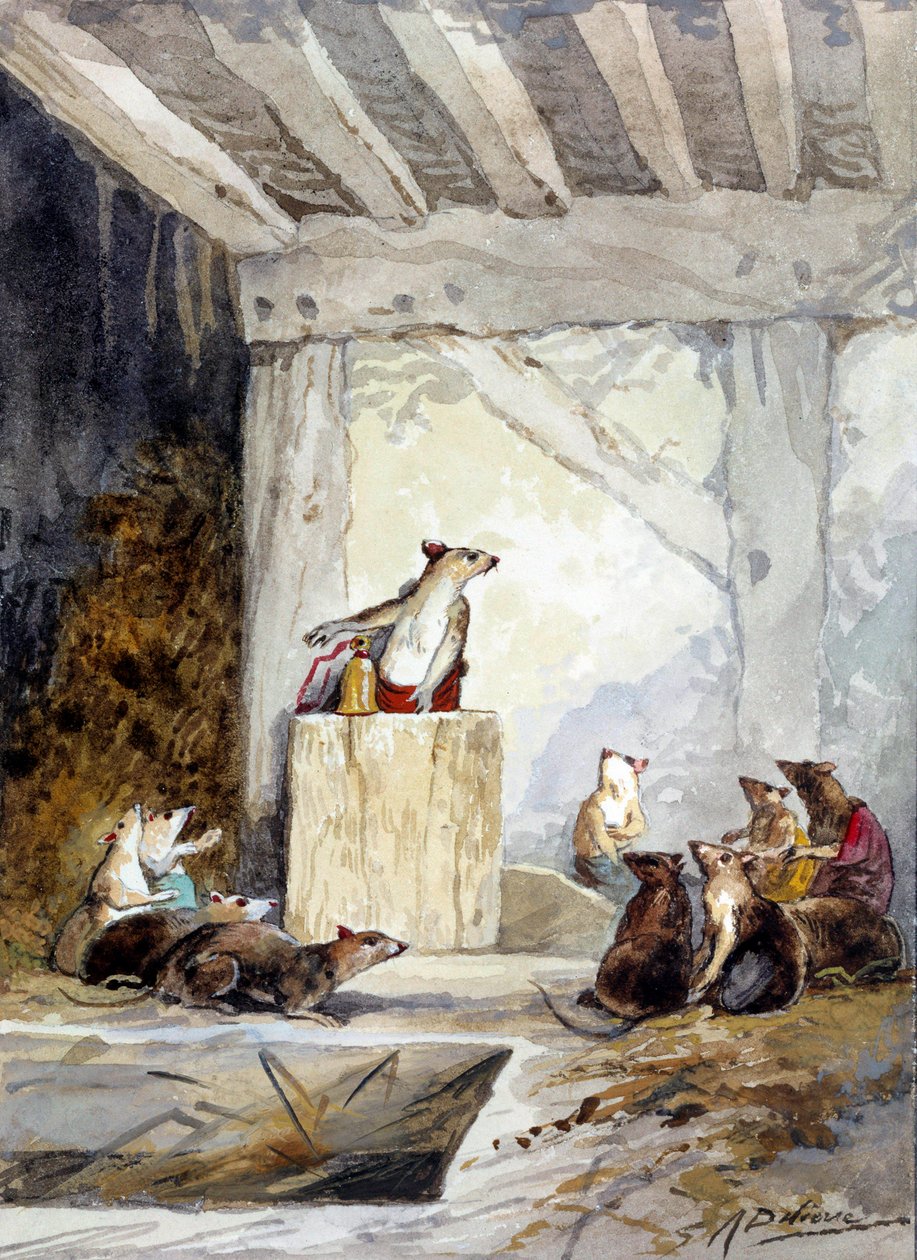 Ilustrace bajky „Rada držená krysami“ od Jean de La Fontaine. Akvarel od Augusta Delierra (1829-c.1890) od Auguste Delierre