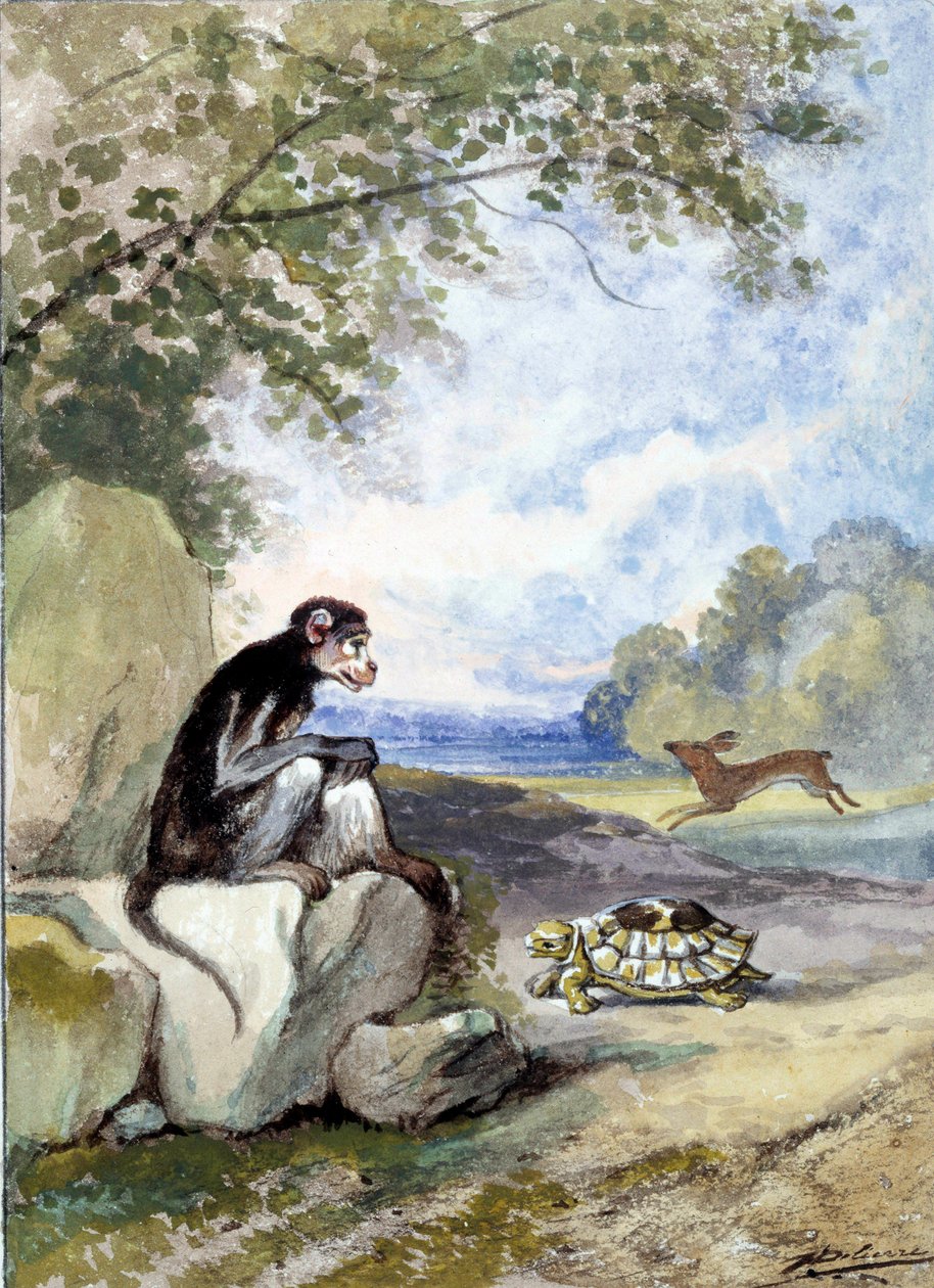 Ilustrace bajky „Zajíc a želva““ od Jean de La Fontaine. Akvarel od Augusta Delierra (1829-c.1890) od Auguste Delierre