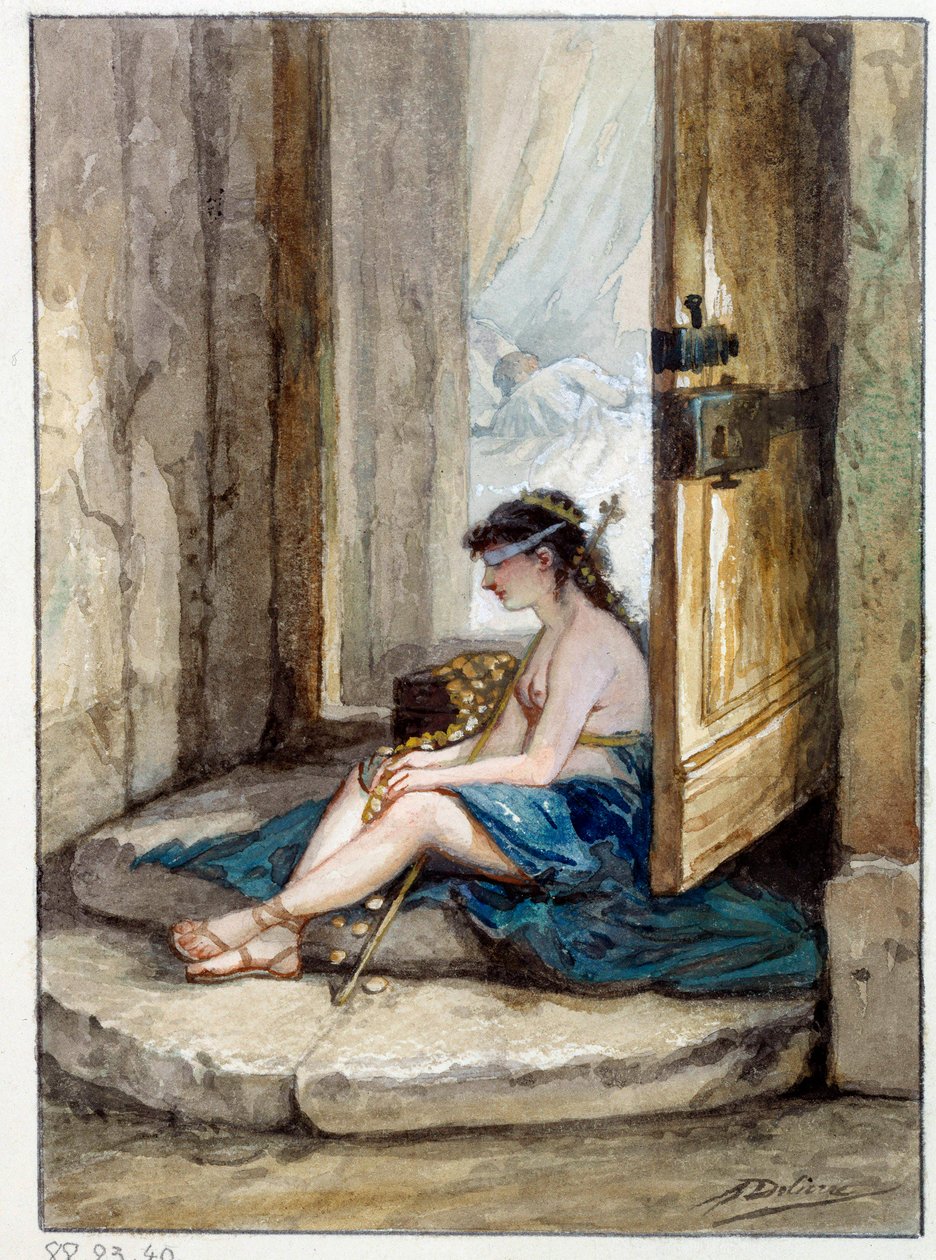 Ilustrace bajky „Muž, který běží za štěstím a muž, který na něj čeká ve své posteli“ od Jean de La Fontaine. Akvarel od Augusta Delierra (1829-c.1890) od Auguste Delierre
