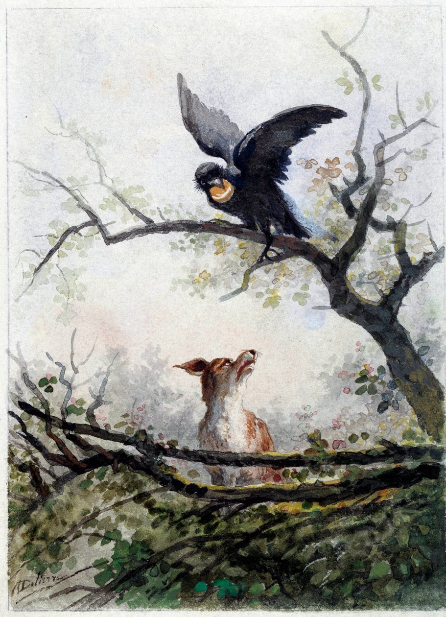 Liška a vrána. Ilustrace bajky Jean de La Fontaine (1621-1695) od Auguste Delierre