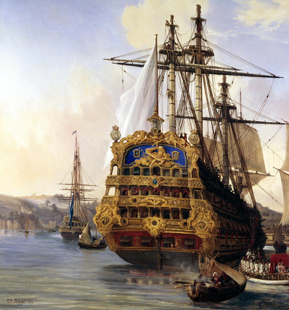 Le navire “” le foudroyant”” en rade de Brest en 1724”” Detail. obraz od Auguste Mayera (1805-1890) 1724 Brest, musee des Beaux Arts - Loď „“ Le Foudroyant“““ v přístavu Brest od Auguste Etienne Francois Mayer