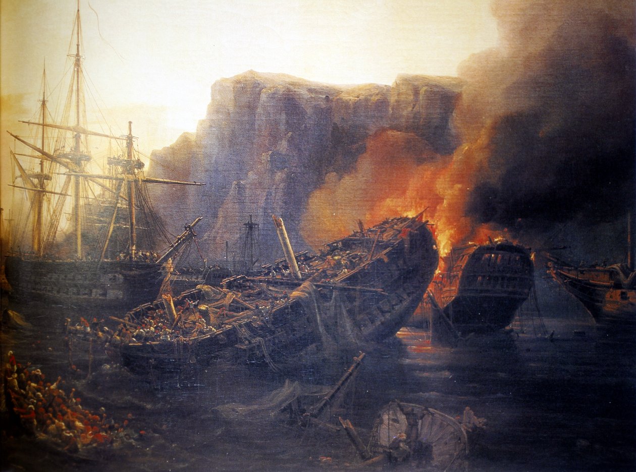 Francouzština:  Le soir de la bataille de Navarin, 1827 Večer bitvy u Navarina od Auguste Etienne Francois Mayer