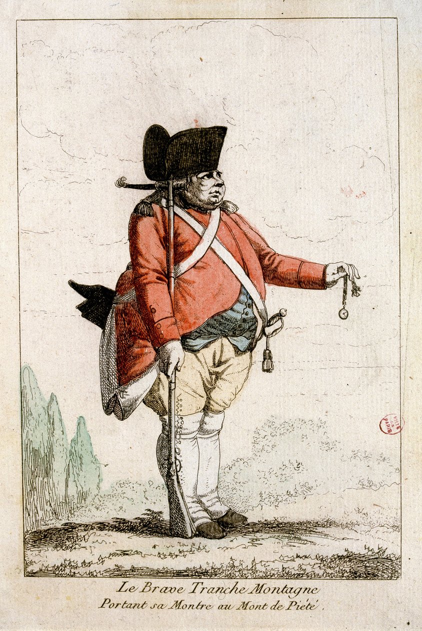 Statečný Slice Mountain nosí hodinky na Piety Mountain. V „“ Kostýmy doby revoluce 1790-1793““. Barevné vody pana Guillaumot Jr. od Auguste Etienne fils Guillaumot