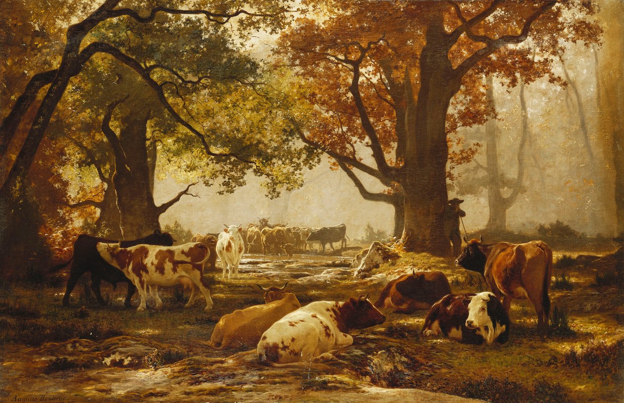 Dobytek v zalesněné říční krajině, od Auguste Francois Bonheur