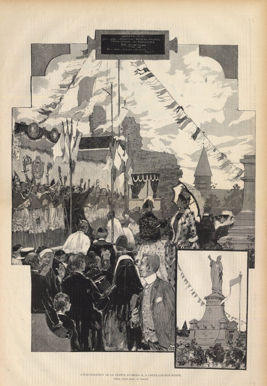 Inaugurace sochy papeže Urbana II. v CHATILLON-SUR-MARNE dne 21. července 1887. Kresba d