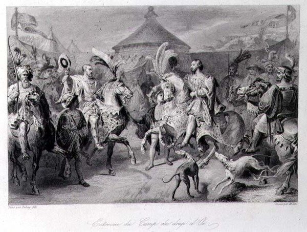 Setkání na poli zlatého plátna, 24. června 1520, vyryto Millinem (rytina) od Auguste Hyacinthe (after) Debay