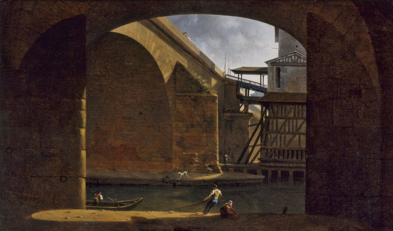 Most Notre-Dame a pumpa, pohled z klenutého nábřeží Quai de Gesvres, 1816 (olej na plátně) od Auguste Jacques Regnier