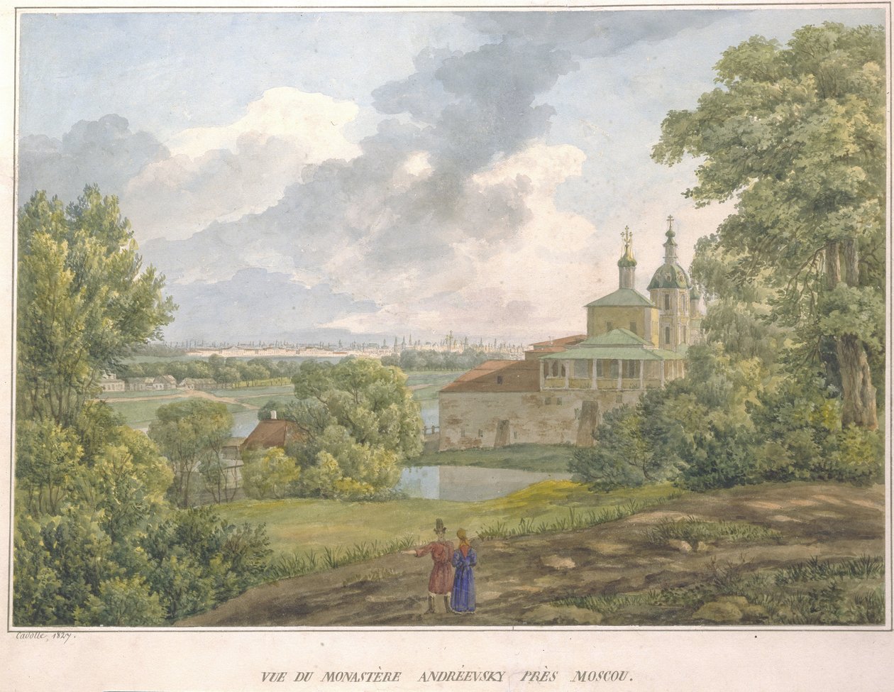 Pohled na Moskvu z Vrabčích hor. Andreevský klášter, 1827 od Auguste Jean Baptiste Antoine Cadolle