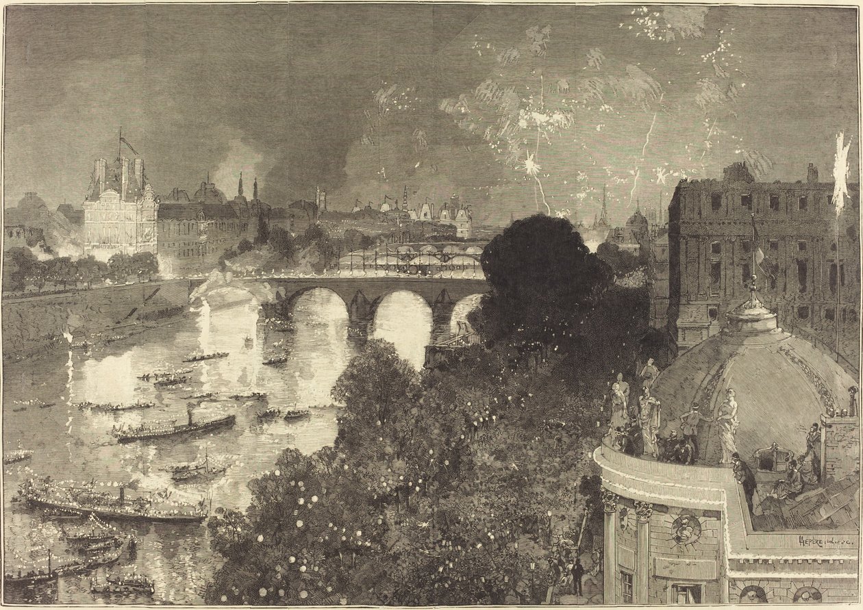 14. července. Osvětlení Seiny z Pont Neuf do Pont au Change od Auguste Lepere