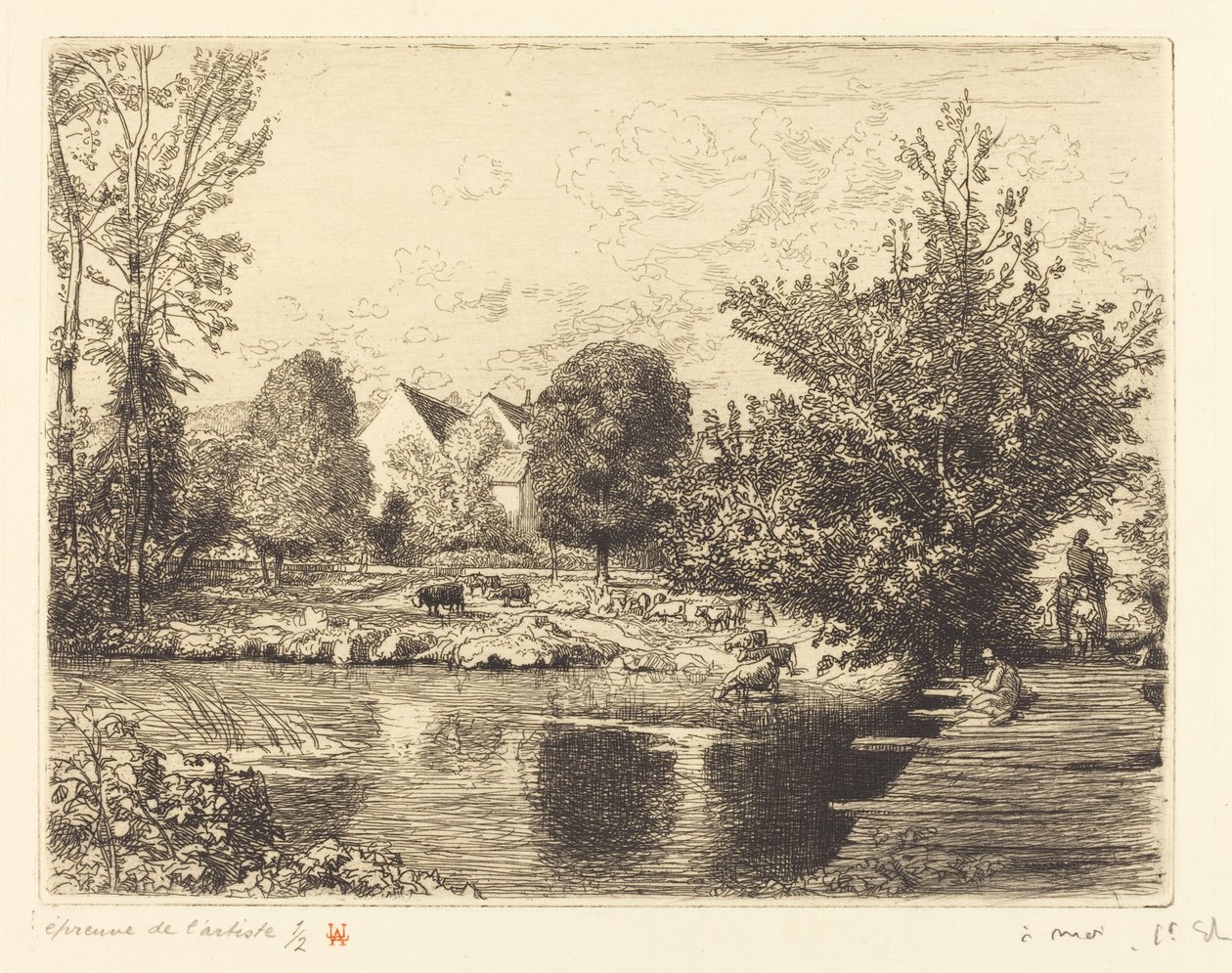 Starý most pro pěší, Banks of the Small Morin (Vieille passerelle, bords du petit morin) od Auguste Lepere