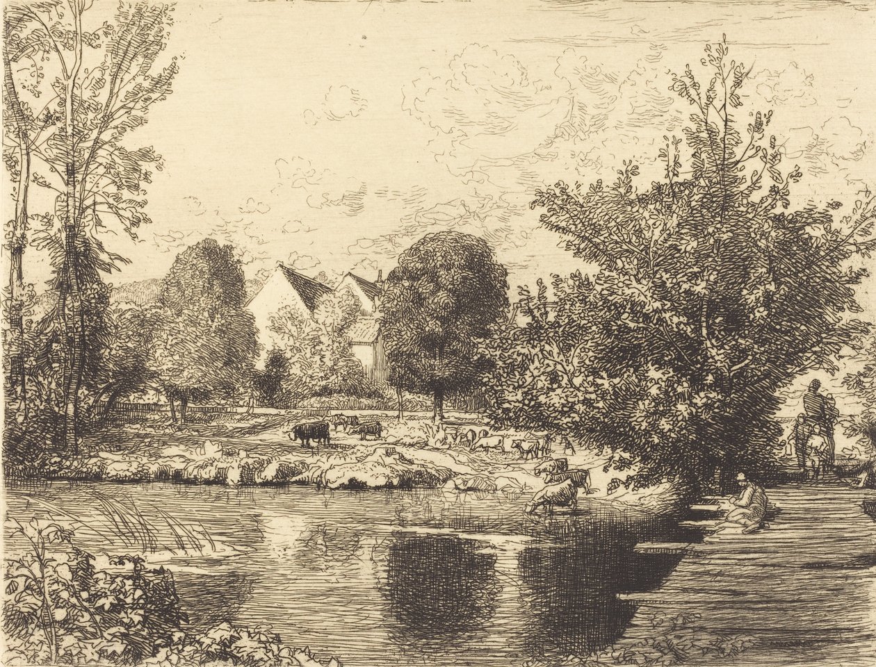 Starý most pro pěší, Banks of the Small Morin Vieille passerelle, bords du petit morin, 1915. od Auguste Lepere