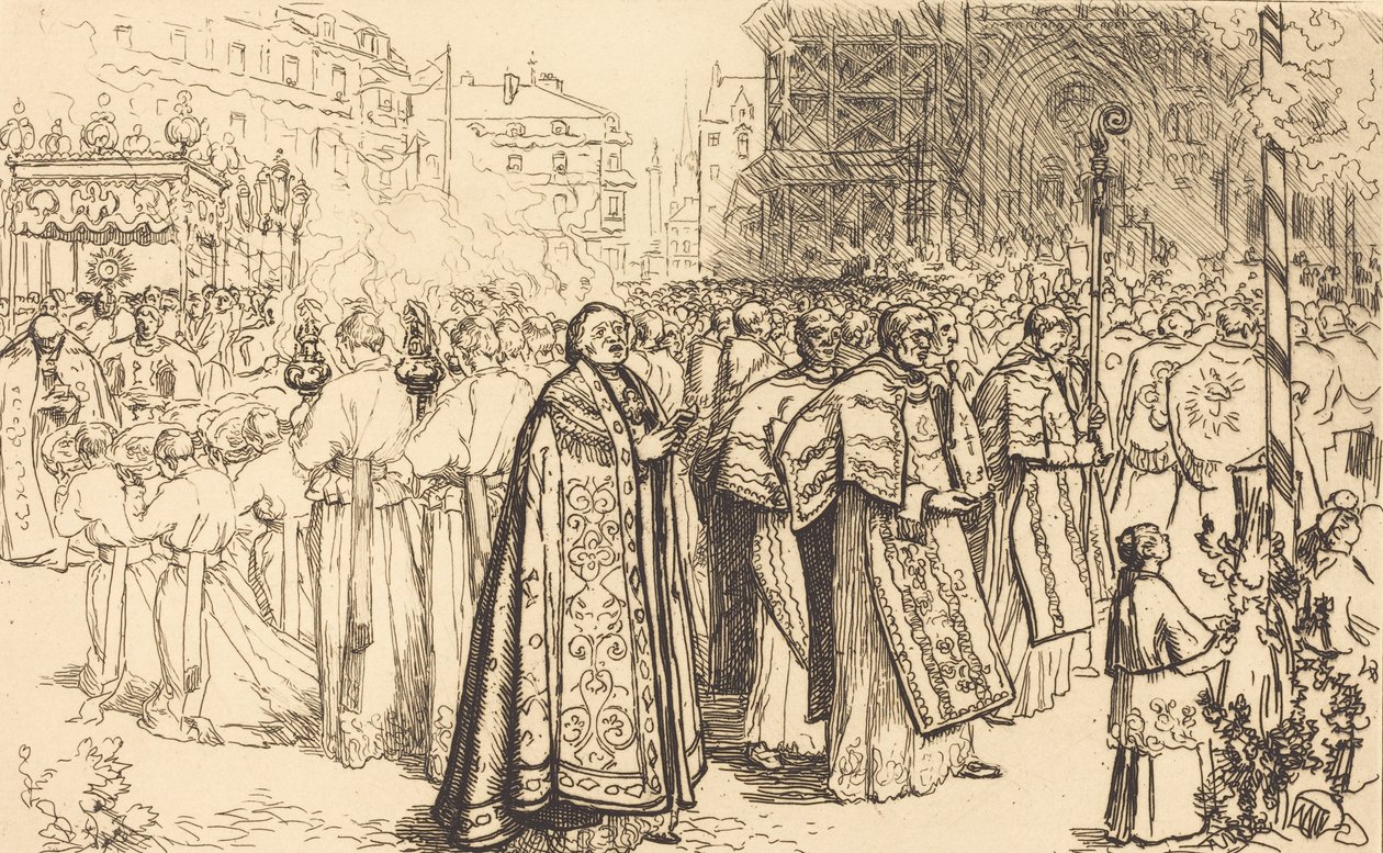 Návrat průvodu do katedrály v Nante Rentree de la Procession a la Cathedral de Nantes, 190 od Auguste Lepere