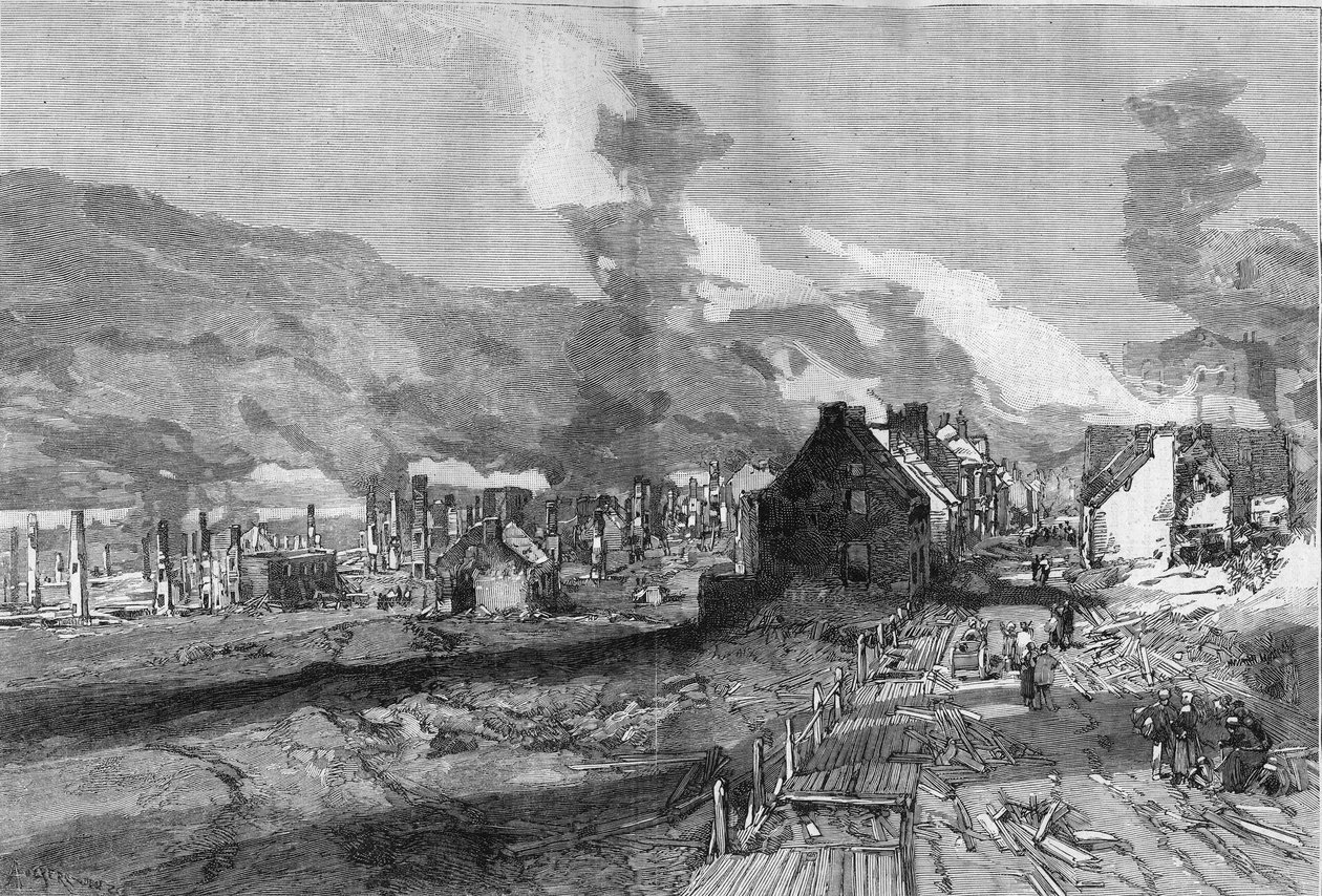 Pohled na ruiny Quebec City (Kanada) po požáru v červnu 1881. Rytina od Lepere v „“The Illustrous World““ č. 1267 z 9. července od Auguste Lepere