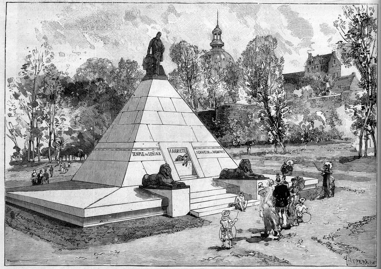 Pohled na pomník postavený na památku francouzského egyptologa Auguste-Edouarda (Auguste Edouard) Mariette (1821-1881) v Boulogne sur Mer (Boulogne-sur-Mer), Pas de Calais (62). Rytina od Lepere v ""Le Monde Illustre"" č. 1322 z 29. července 1882. od Auguste Lepere