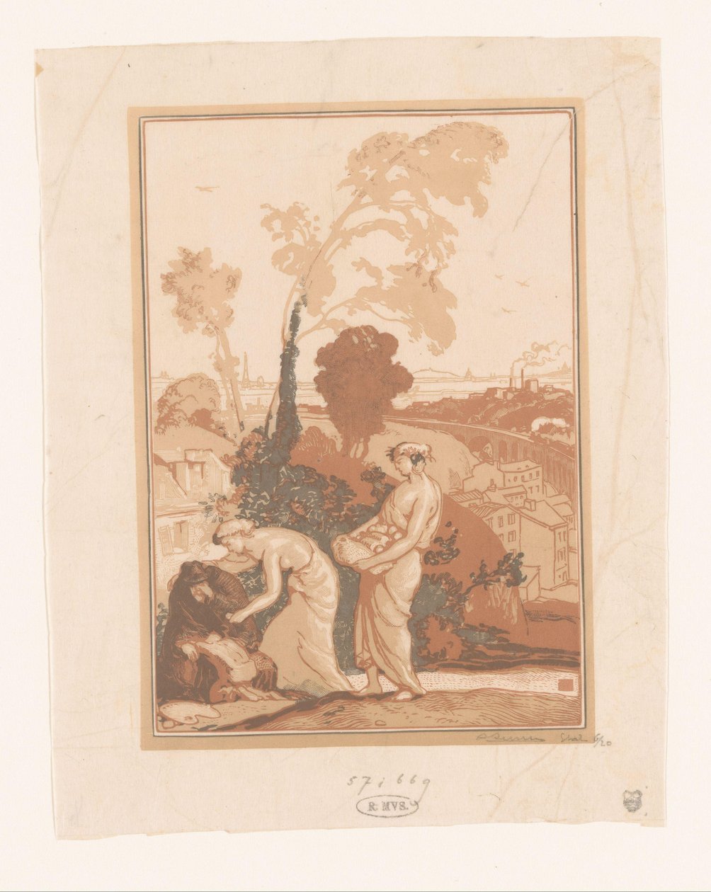 Hudba a poezie pomáhají umělci La Musique et la Poesie secourant les Artistes od Auguste Lepère (signed by artist)