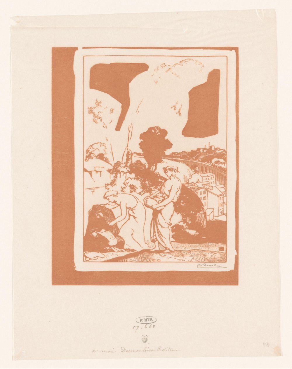 Hudba a poezie pomáhají umělci La Musique et la Poesie secourant les Artistes od Auguste Lepère (signed by artist)