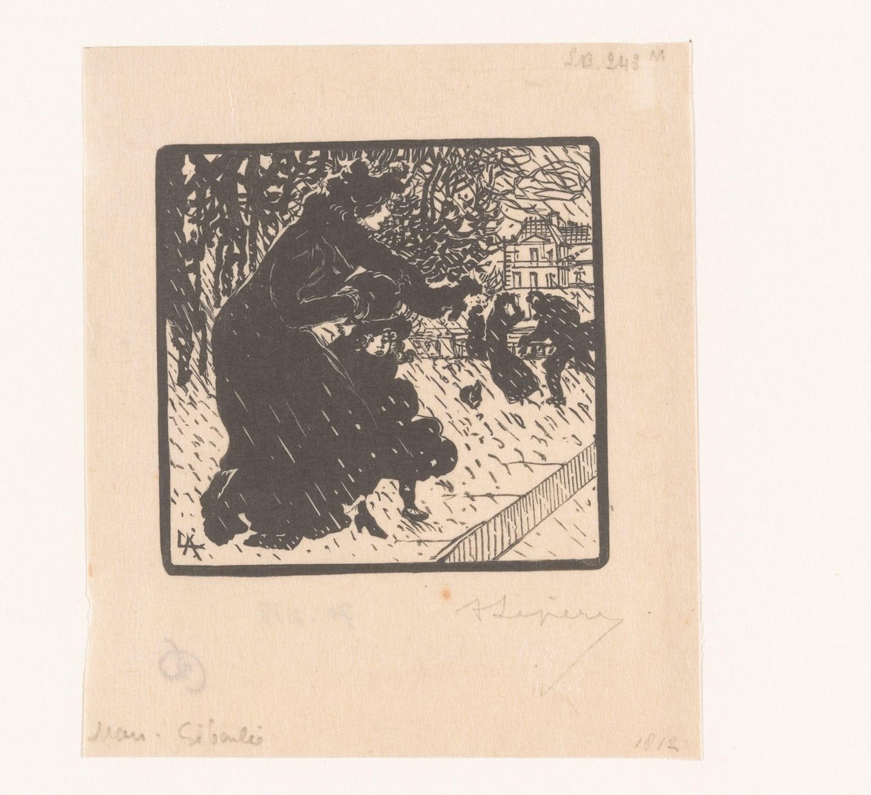 Žena a dítě v dešťové přeháňce Giboulées v Lucembursku Mars Giboulée (název na objektu) Leden, únor a březen 1894 (název série) Janvier, Février et Mars 1894 (název série) od Auguste Lepère (signed by artist)