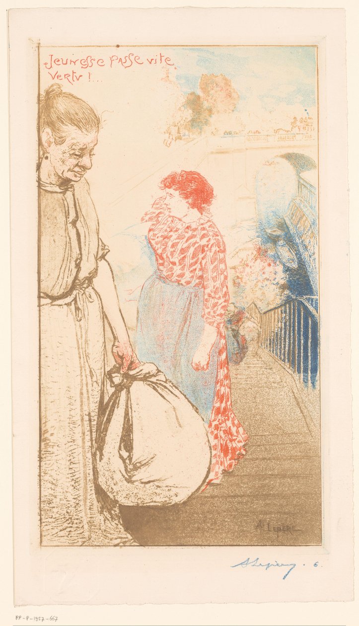 Pračky na schodišti podél Seiny Jeunesse passe vite vertu! (název na objektu) od Auguste Lepère (signed by artist)