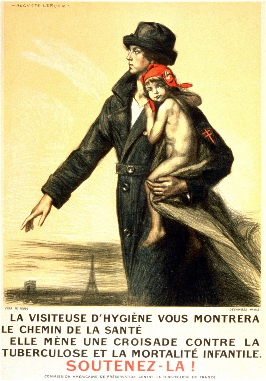 Hygienička vám ukáže cestu ke zdraví, bude bojovat proti tuberkulóze a dětské úmrtnosti - plakát Americké komise pro ochranu tuberkulózy ve Francii, il. Auguste Leroux (1871-1954) od Auguste Leroux