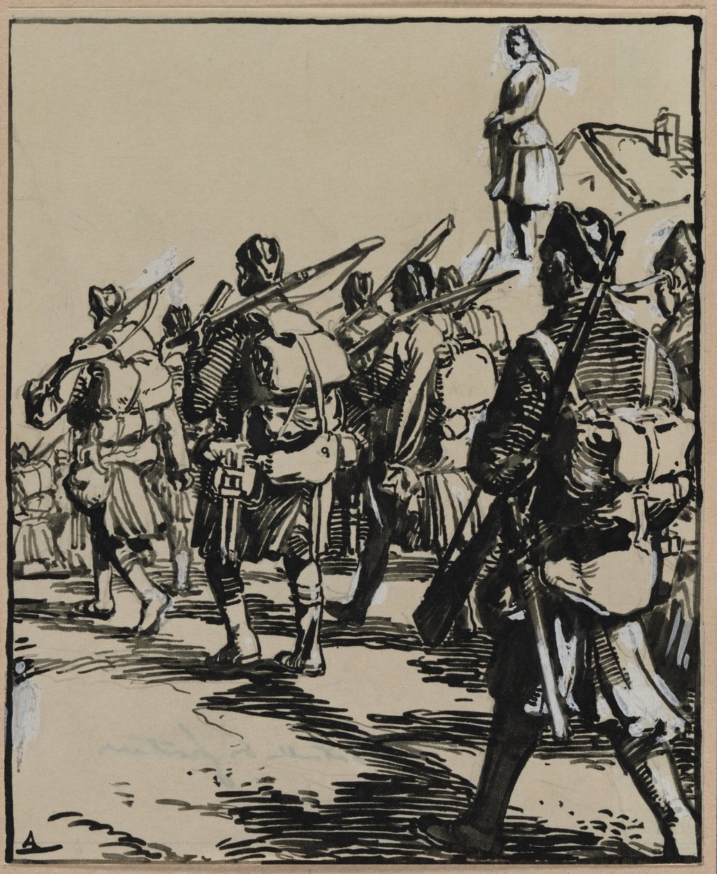 Bitva o hranice: Skupina britských vojáků od Auguste Louis Lepère