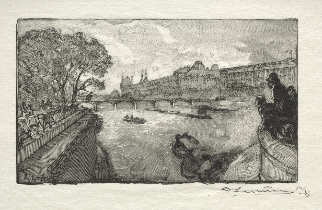 Louvre, při pohledu z Pont Neuf od Auguste Louis Lepère