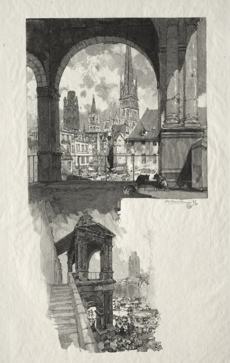 Ilustrovaný Rouen: prohlídka Place de la Haute Vieille; Edicule of Pride od Auguste Louis Lepère