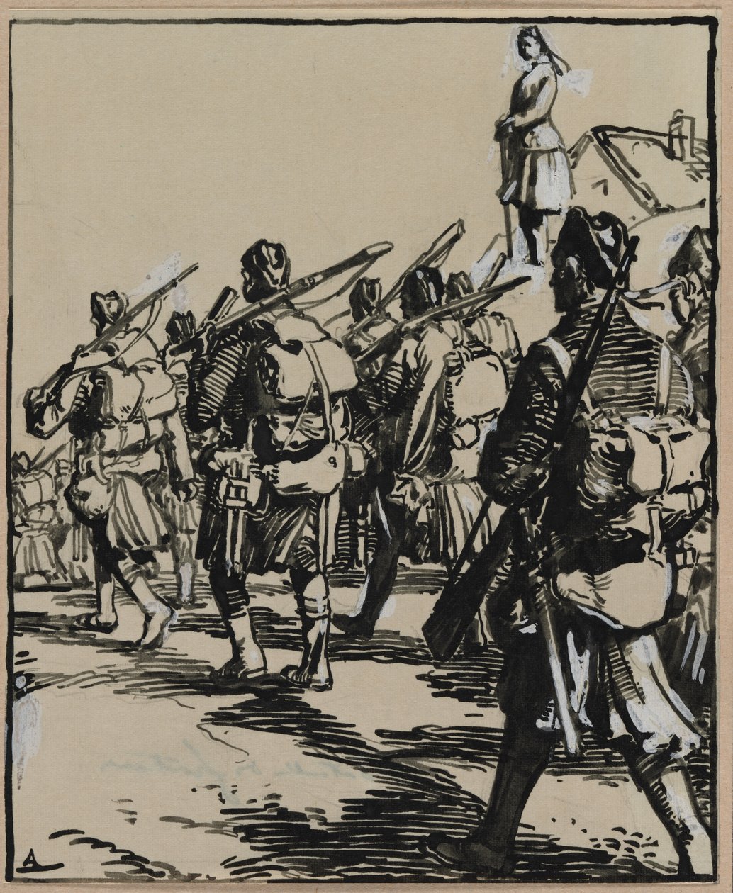 Bitva o hranice: Skupina britských vojáků od Auguste Louis Lepère