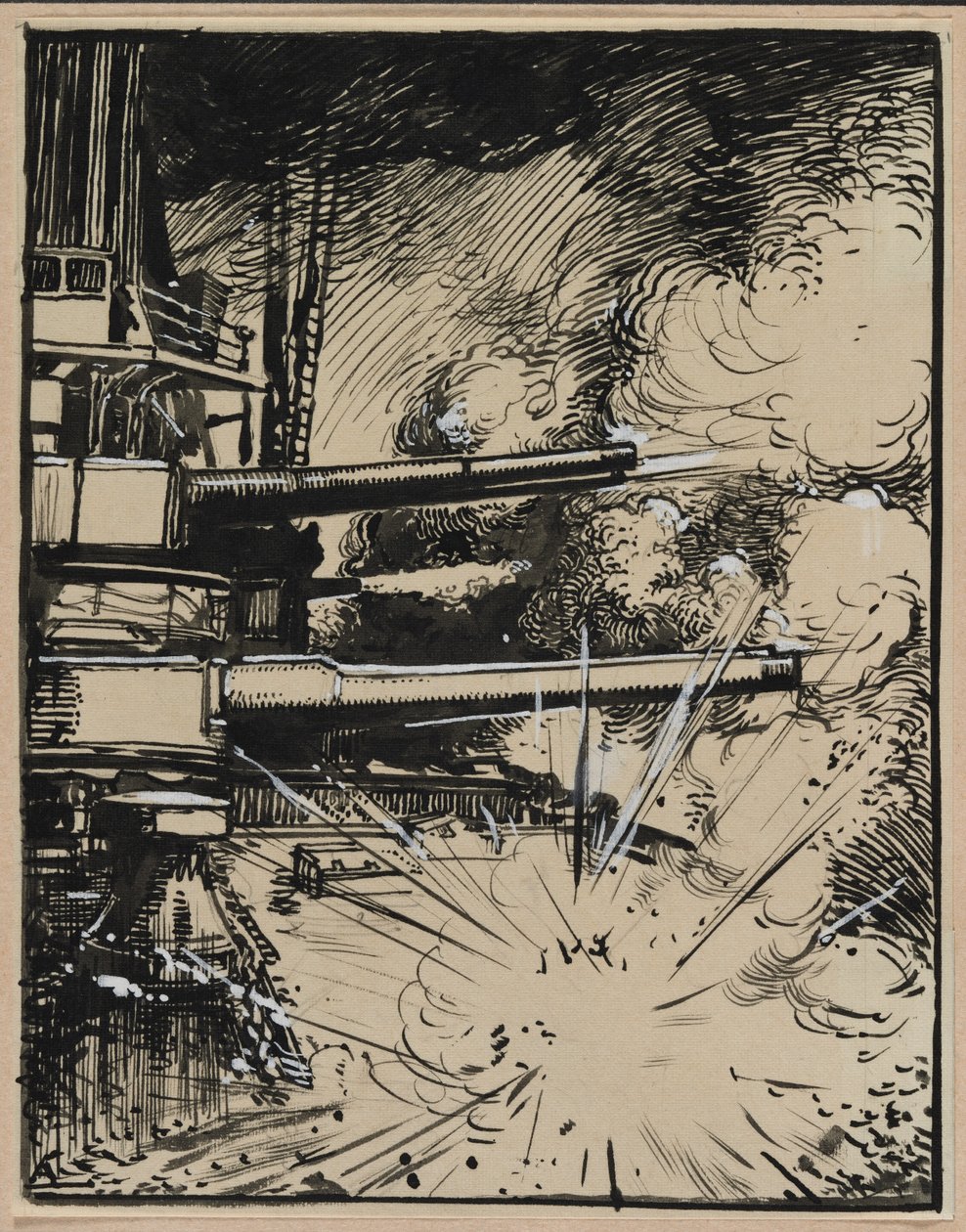 Bomba explodující na kyrysu s namířenými děly, 1914. od Auguste Louis Lepère