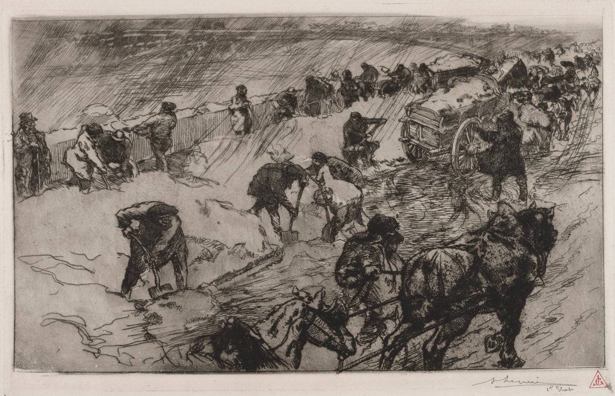 Combat contre la Neige, Quai aux Fleurs, 1890. od Auguste Louis Lepère