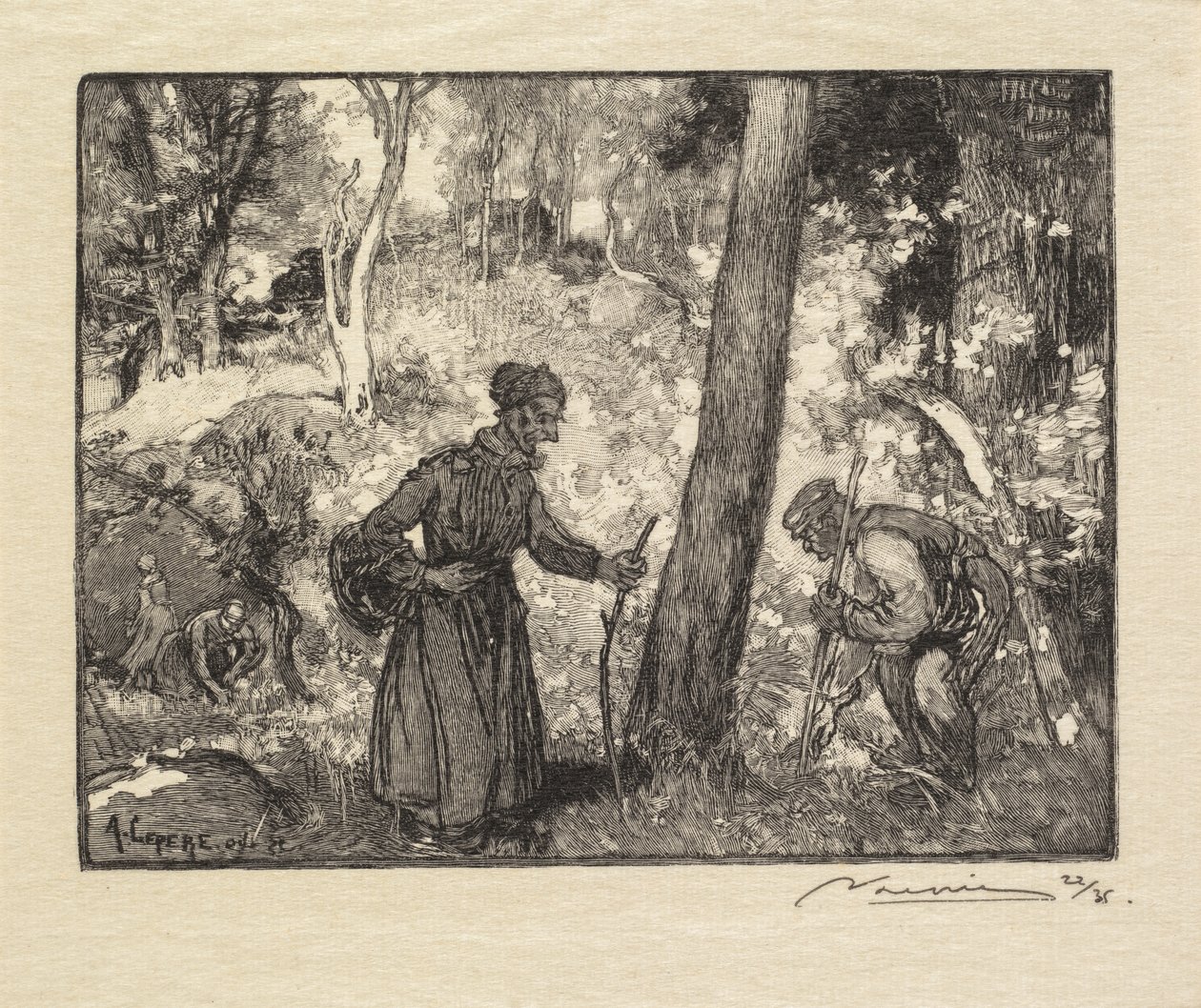 Fontainebleau Forest: Lovci hub v Rocher Bernard od Auguste Louis Lepère