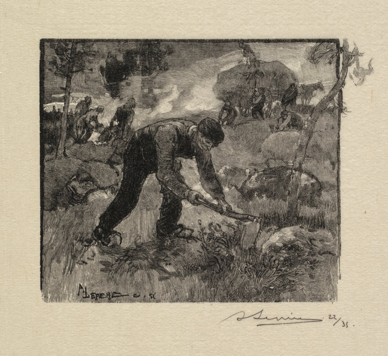 Fontainebleau Forest: Pulling the Heather La Forêt de Fontainebleau: Arracheurs de Bruyères, 1890. od Auguste Louis Lepère