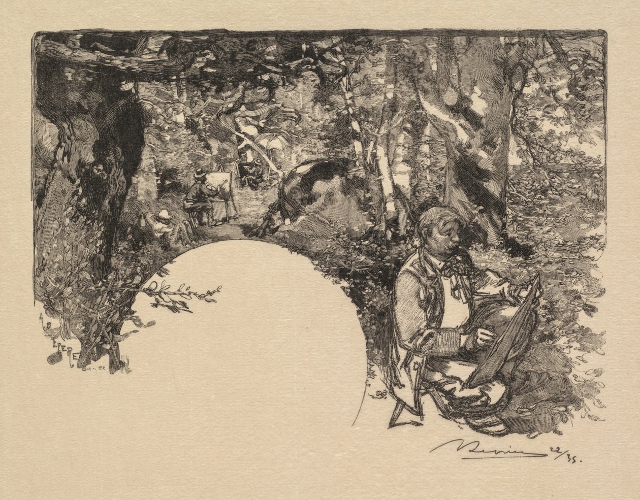 Fontainebleauský les: Malíři Les Fontainebleau: Malíři, 1890. od Auguste Louis Lepère