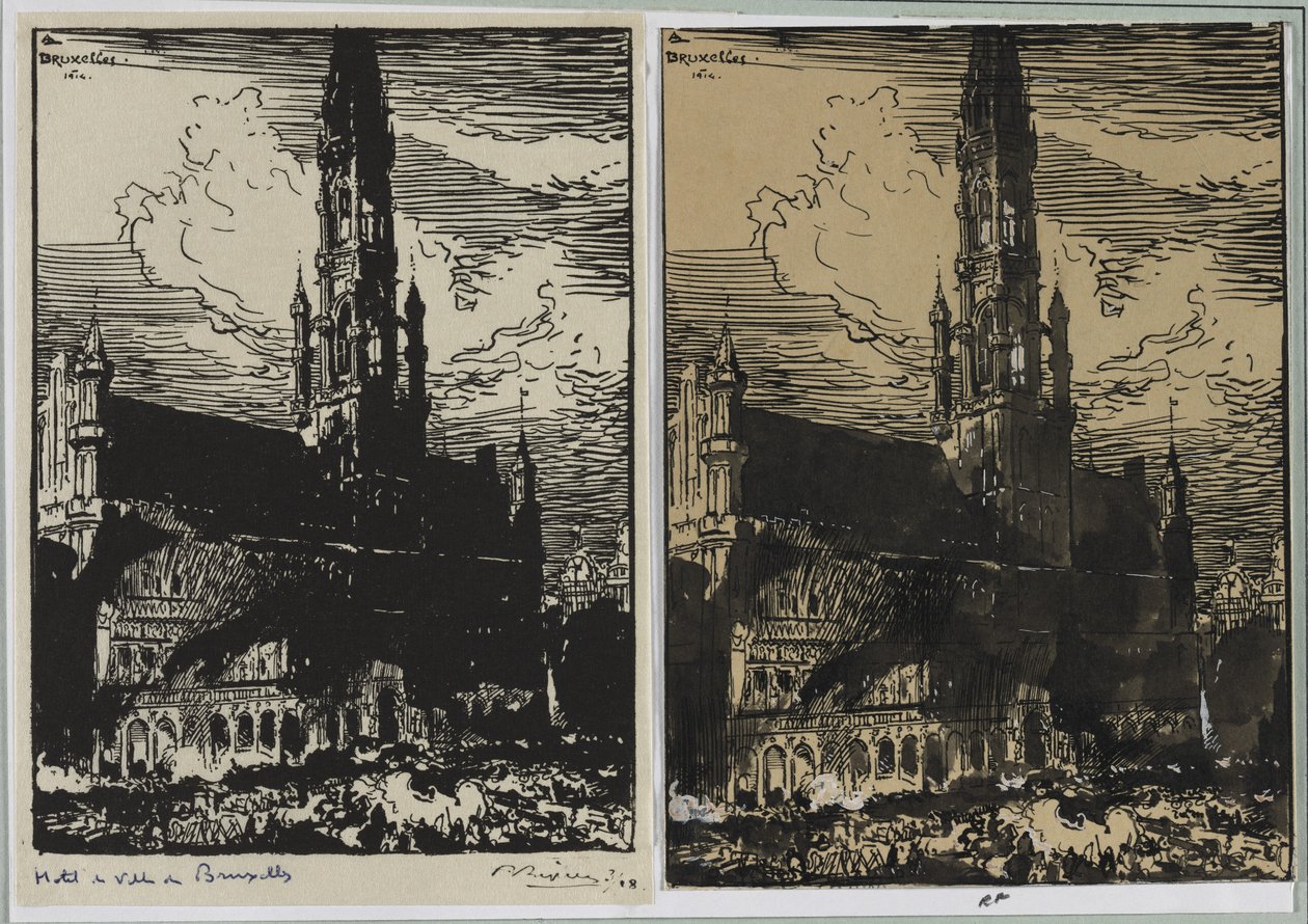 Bruselská radnice v plamenech od Auguste Louis Lepère
