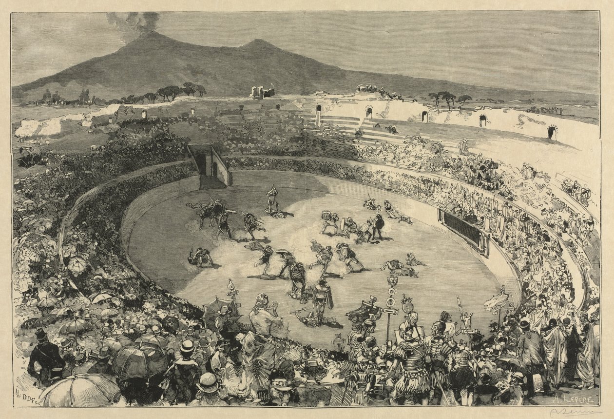 Itálie. Festival v Pompejích, cirkus gladiátorů od Auguste Louis Lepère