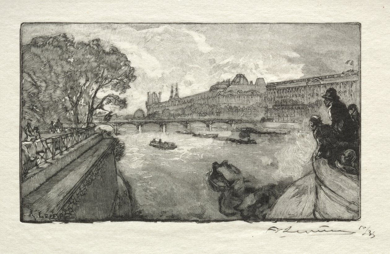 Louvre, při pohledu z Pont Neuf od Auguste Louis Lepère