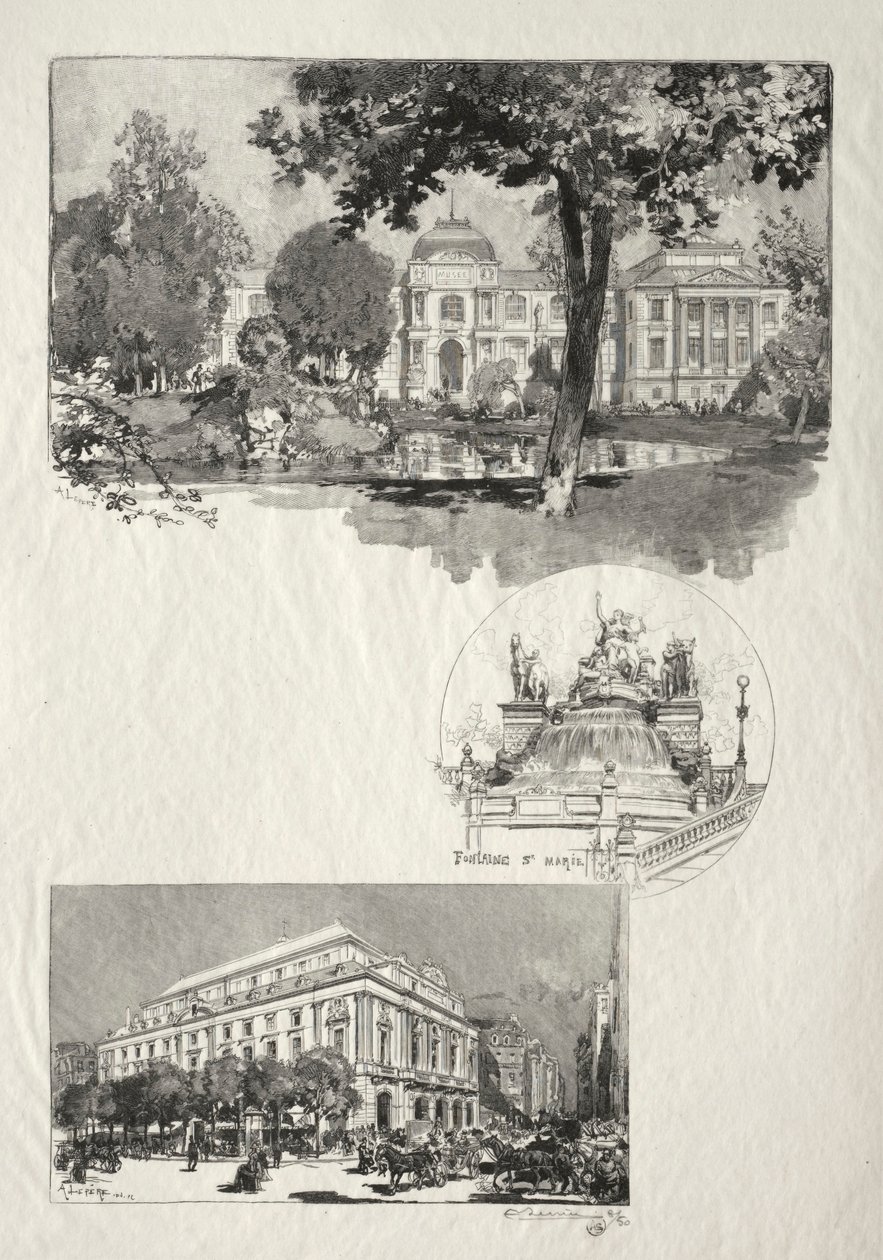 Rouen Illustré: La Musée, Fontaine St. Marie, Le Théâtre des Arts, 1896. od Auguste Louis Lepère
