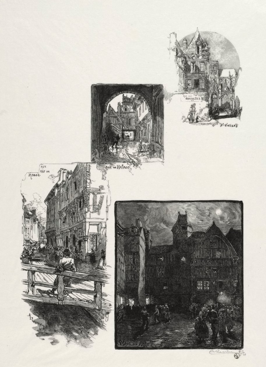 Ilustrované Rouen: Rue des Charretes; Halage Street; Rue Eau de Robec; Náměstí umění od Auguste Louis Lepère